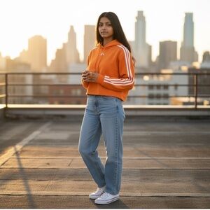 Adidas Hoodie Girls (12-14) Medium Orange White Sweatshirt  Jacket Crop Top